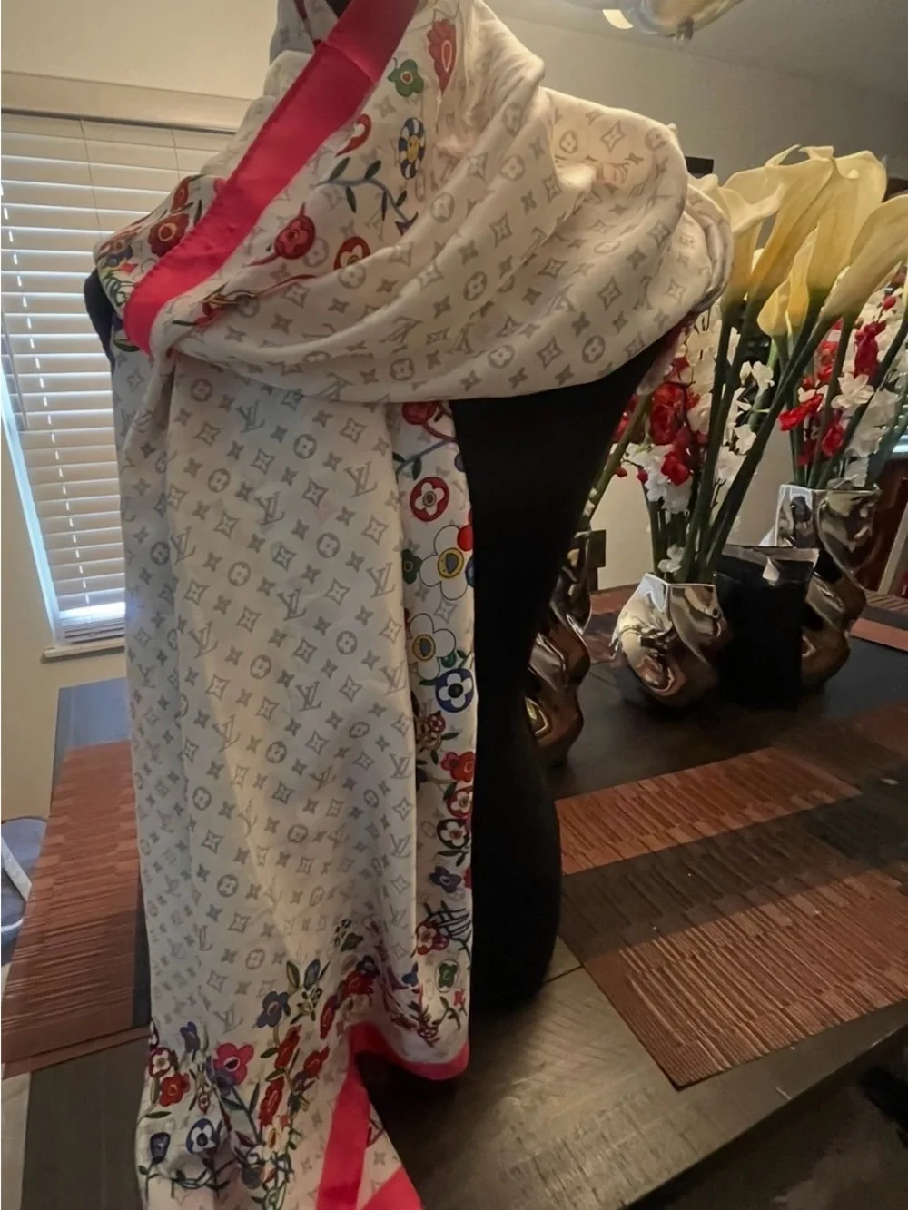 Luxury White Floral Border Silk Scarf